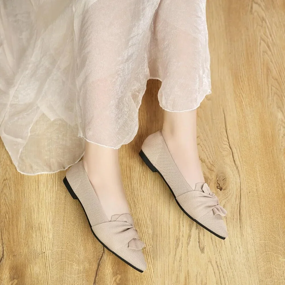 Women's Beige Pointed Toe Ballet Flats with Bow Comfortable Knit Dressy Flats - Picture 6 of 8